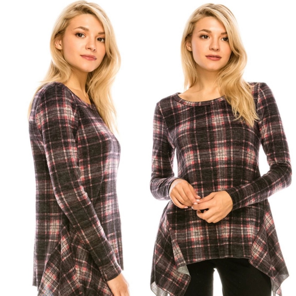 Asymmetrical plaid soft long sleeve top